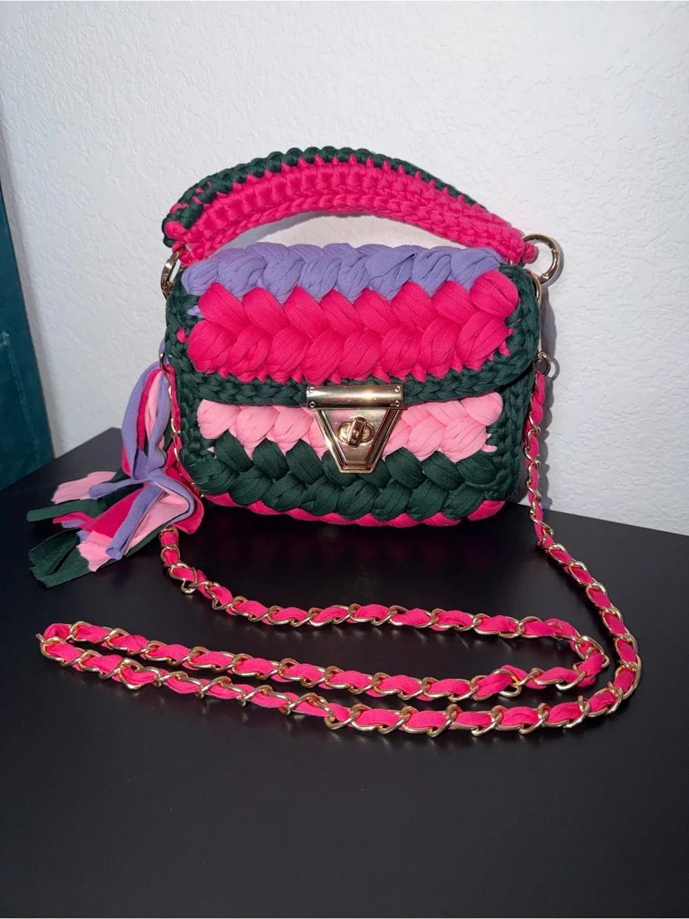 Brand New Handwoven Pink Crochet Crossbody Bag